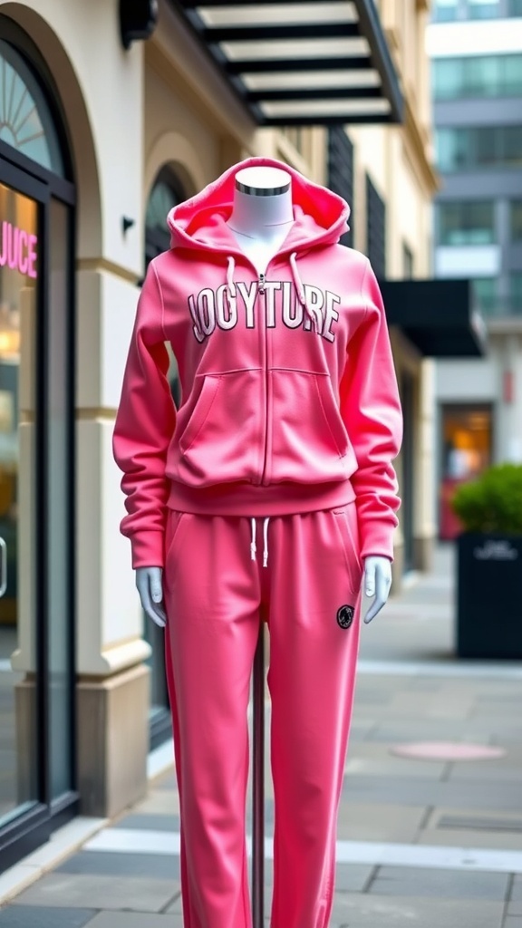 Juicy Couture 2 Piece Tracksuit Set Juicy Couture 2 piece tracksuit set with hoodie and sweatpants in vibrant color, displayed on mannequin.